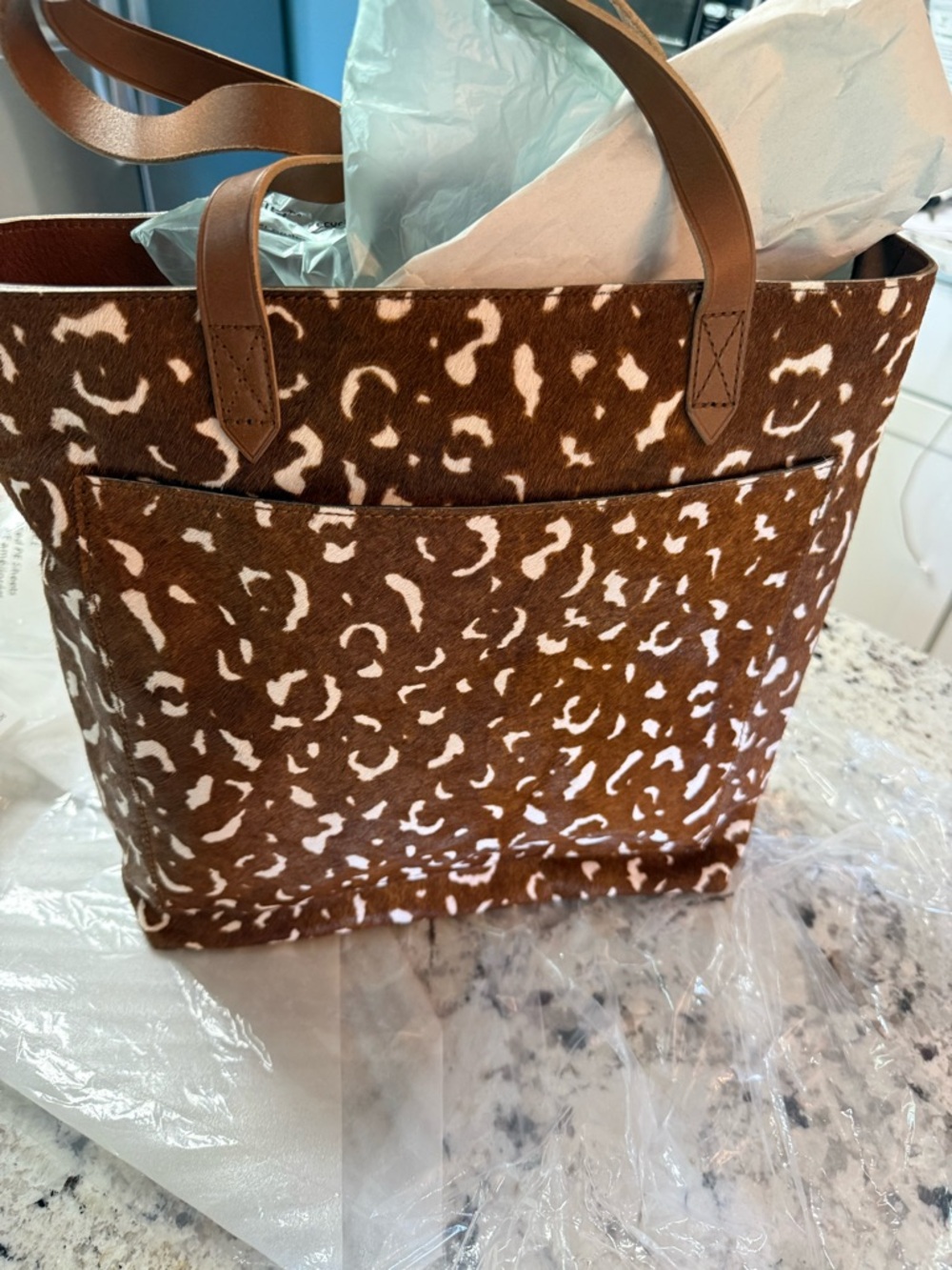 Brown and White Animal Print Tote Bag - Faux Haircalf - Picture 2 of 7